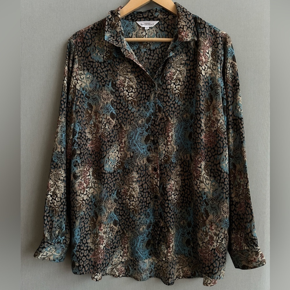 Northern Reflections XL Animal Abstract Floral Print Blouse Teal Brown